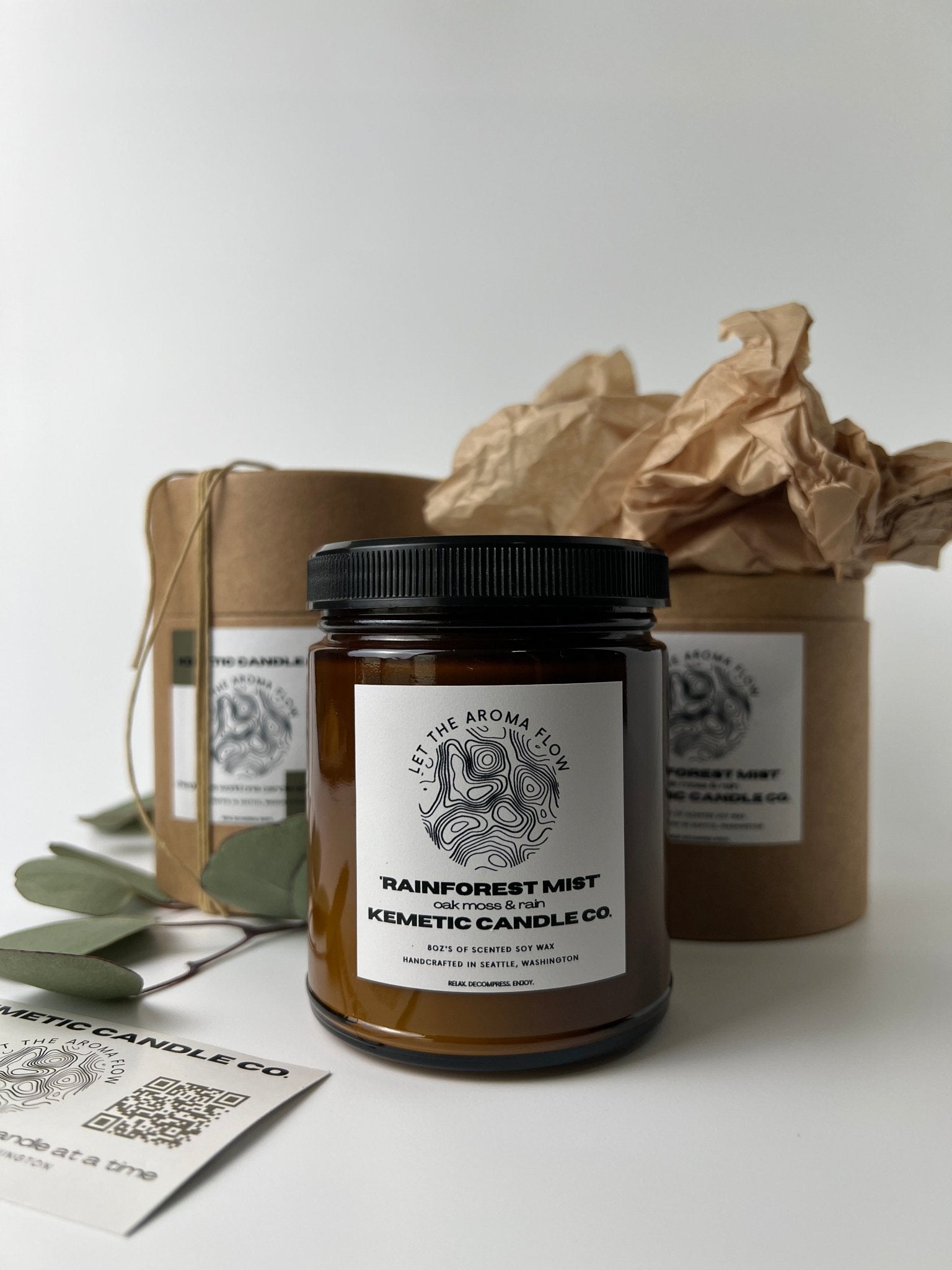 Bring the refreshing scent of the Pacific North West rainforest into your home with Kemetic Candle Co.'s Rainforest Mist 8 oz candles. Shop now and experience nature's tranquility.